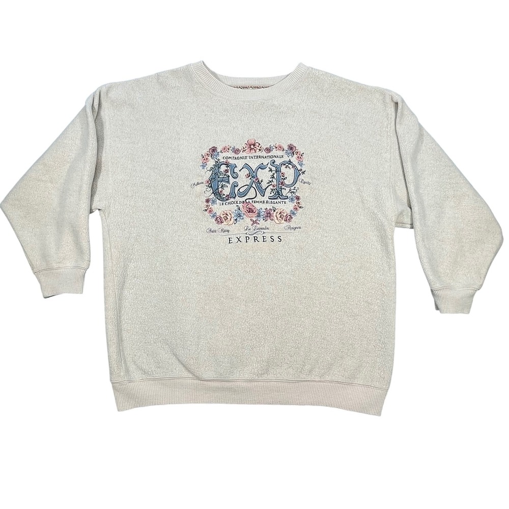 Vtg 80s Express Beige Embroidered Floral Crest Sweatshirt Women Large L